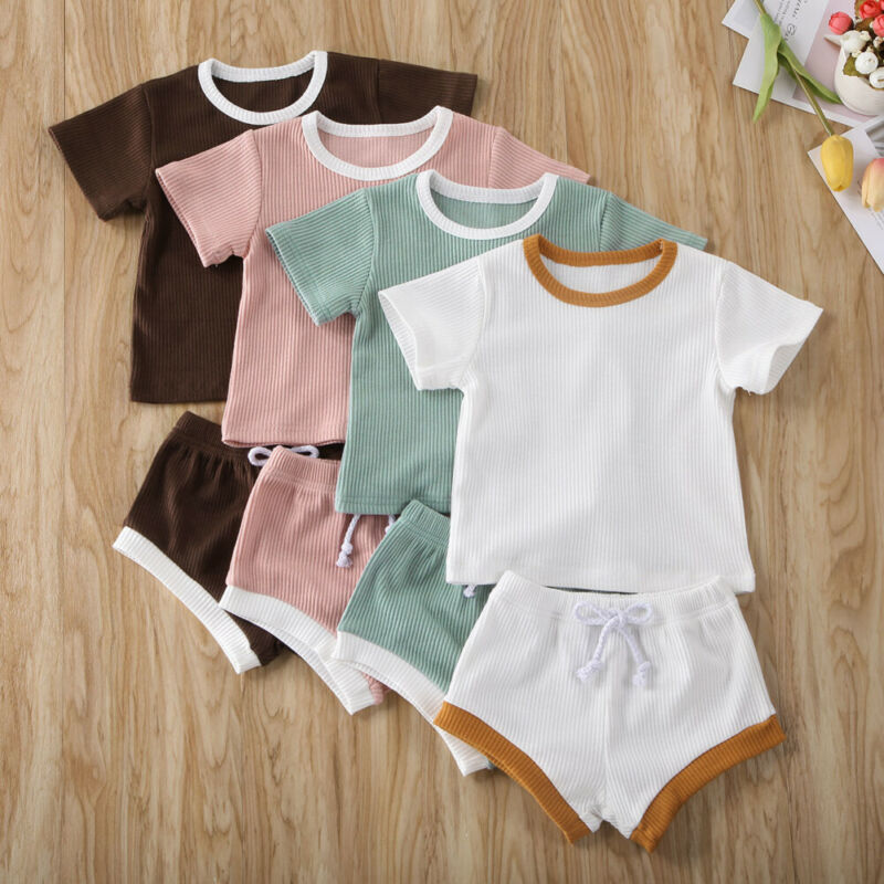 Baby Summer Clothing Infant Baby Girl Boy Clothes Short Sleeve Tops T-shirt+Shorts Pants Ribbed Solid Outfits 0-3M