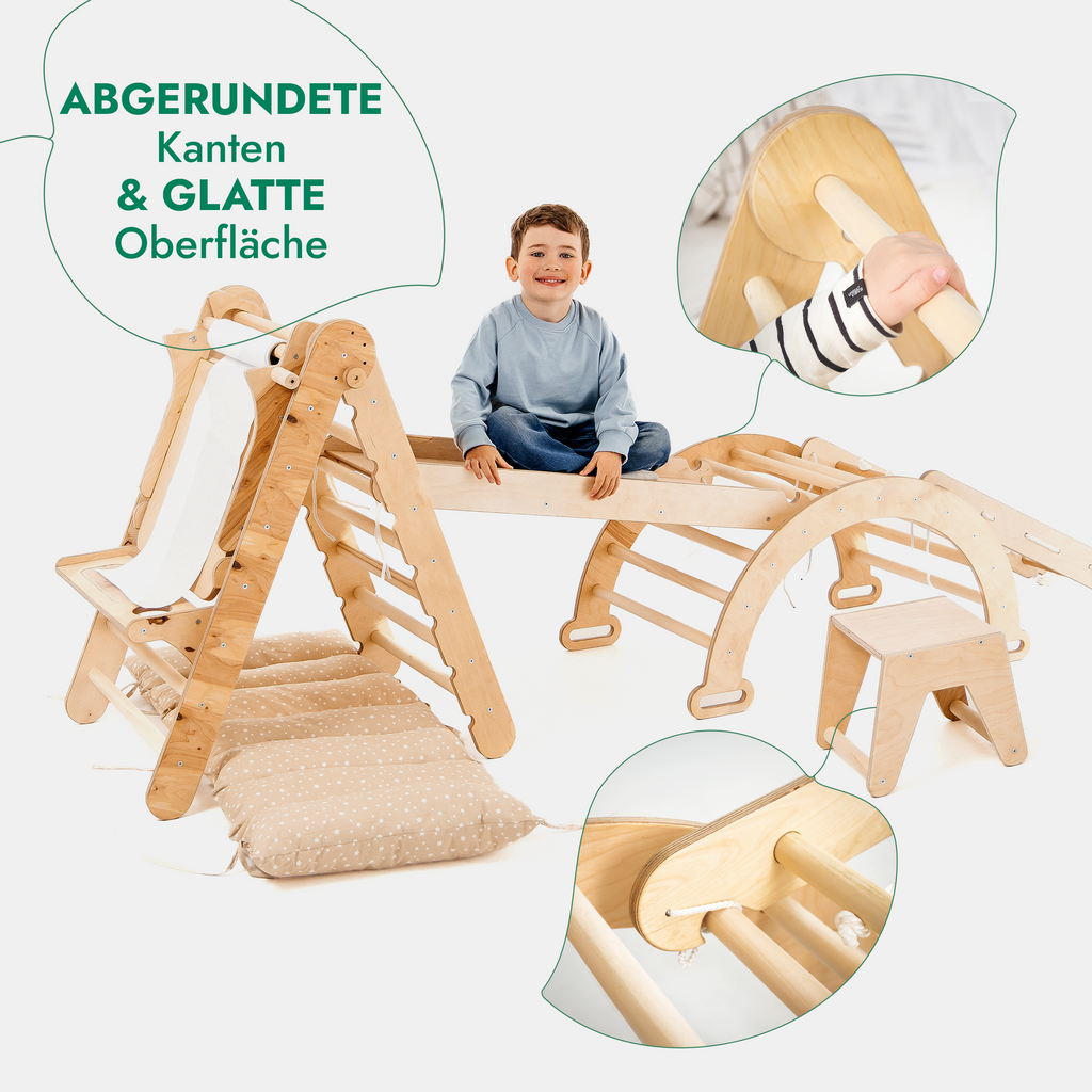 7in1 Montessori Klettergerüst Set: Kletterdreieck, Kletterbogen mit Kissen, Rutsche, Kletternetz, Maltafel und Kinderstuhl, für Kinder 1-7 Jahre – Beige