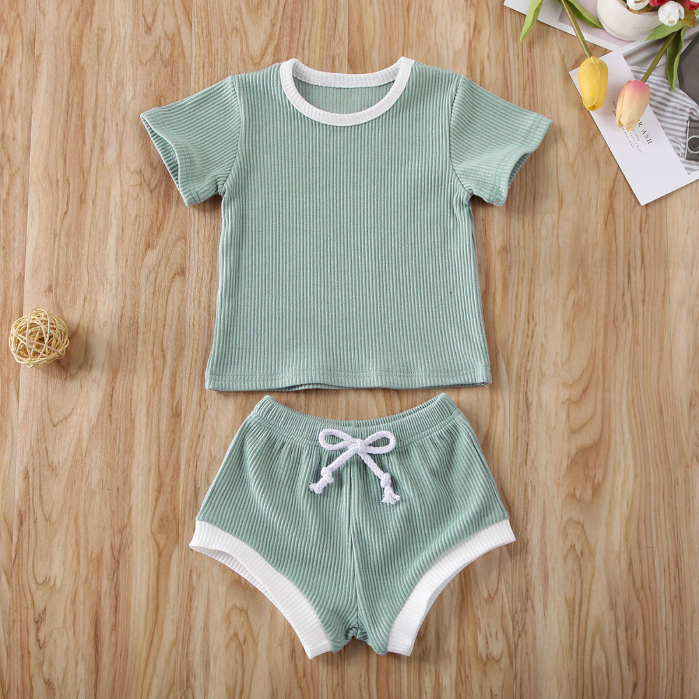 Baby Summer Clothing Infant Baby Girl Boy Clothes Short Sleeve Tops T-shirt+Shorts Pants Ribbed Solid Outfits 0-3M