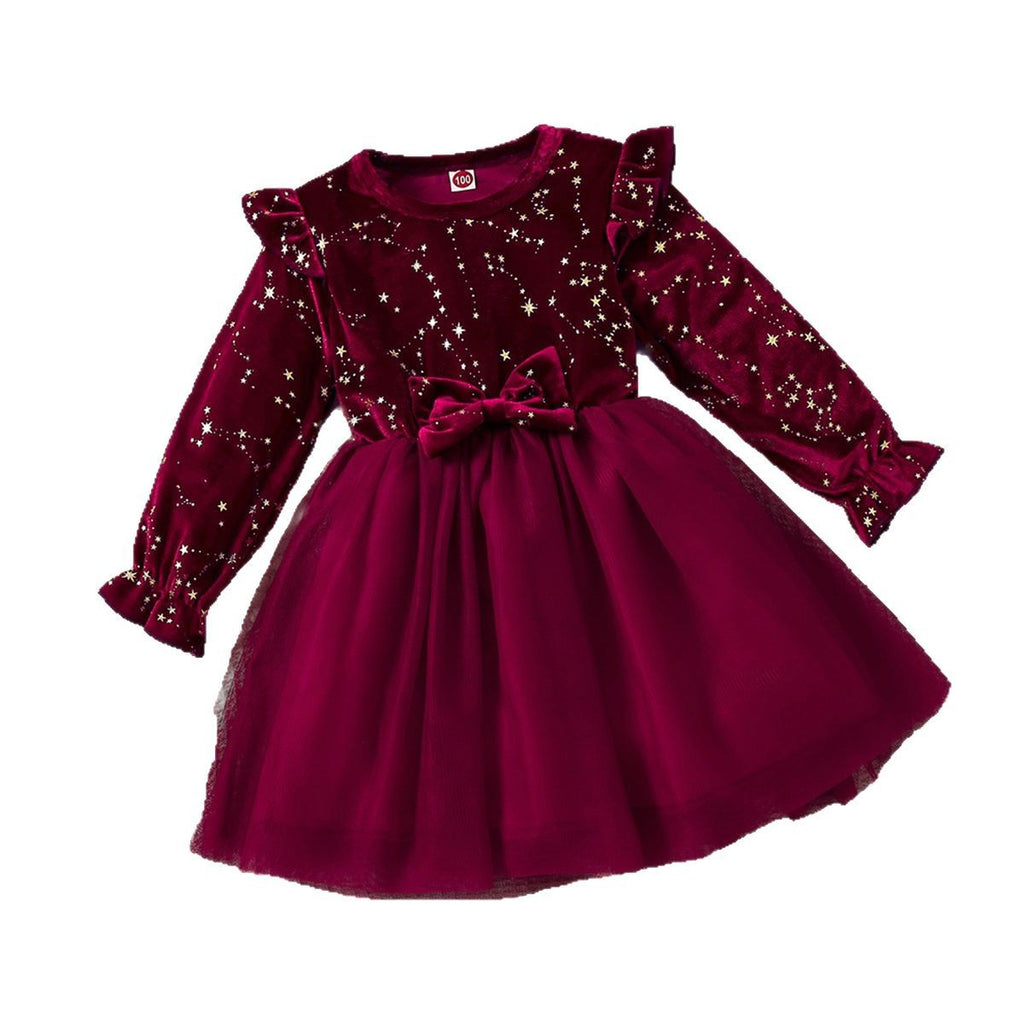 Girls' Dress Spring Autumn Fashionable Children's Princess Dress with Star Print Velvet Dress