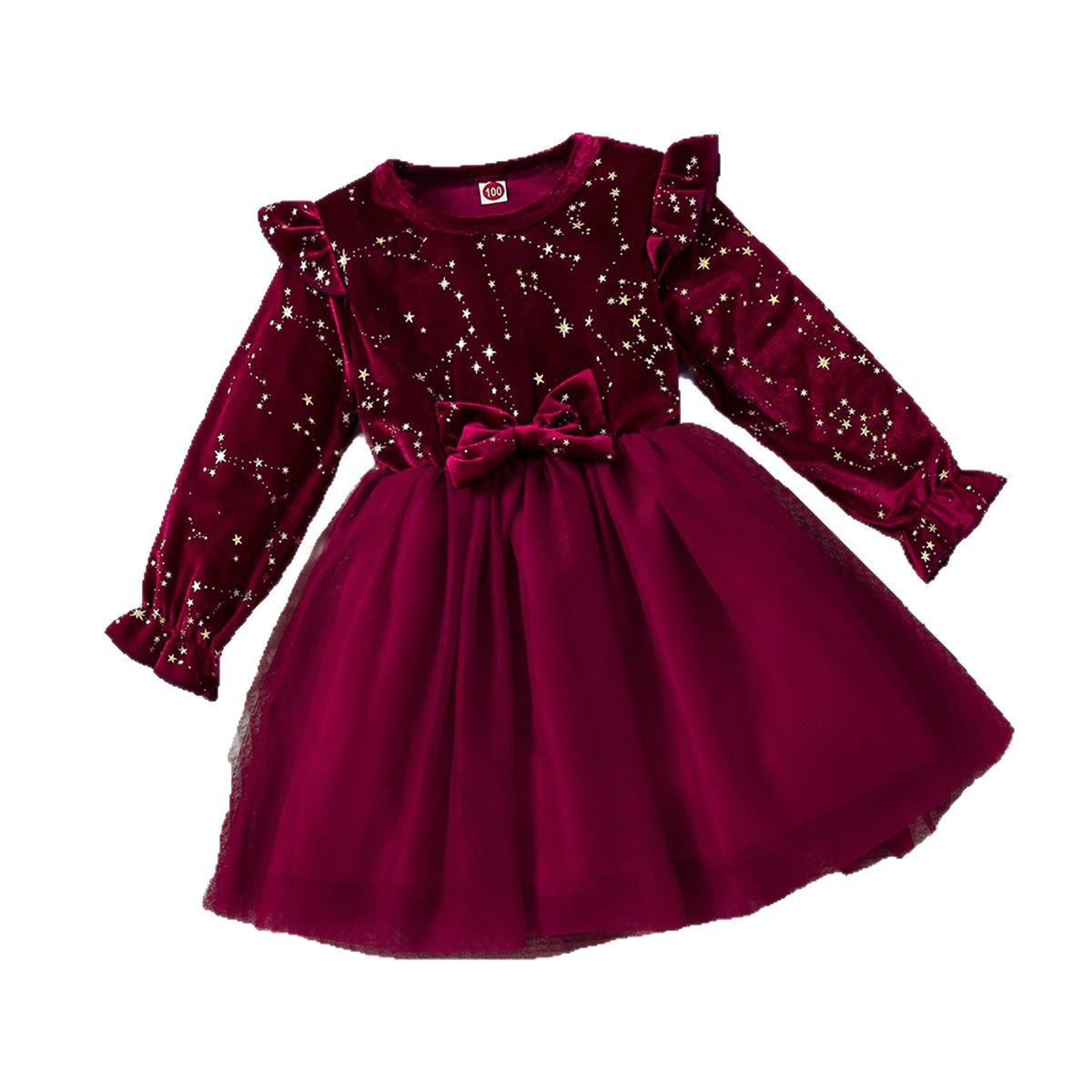Girls' Dress Spring Autumn Fashionable Children's Princess Dress with Star Print Velvet Dress