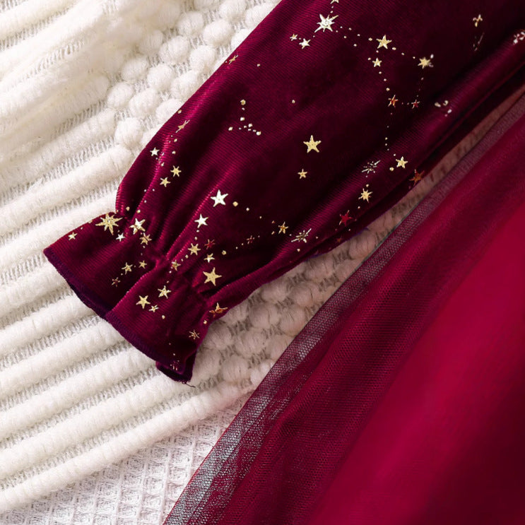 Girls' Dress Spring Autumn Fashionable Children's Princess Dress with Star Print Velvet Dress