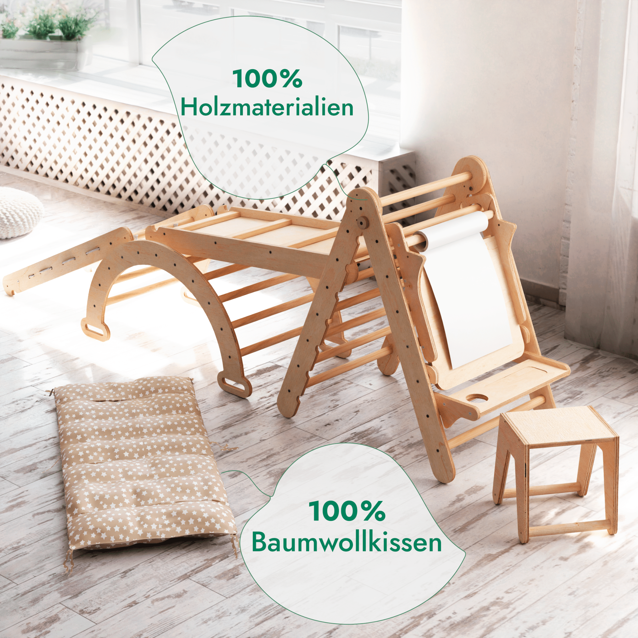 7in1 Montessori Klettergerüst Set: Kletterdreieck, Kletterbogen mit Kissen, Rutsche, Kletternetz, Maltafel und Kinderstuhl, für Kinder 1-7 Jahre – Beige