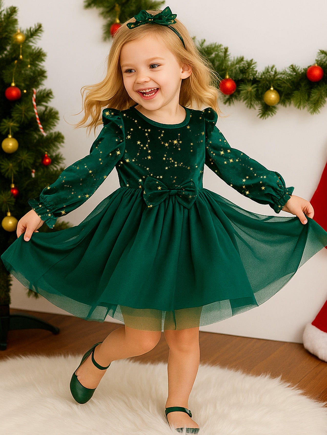 Girls' Dress Spring Autumn Fashionable Children's Princess Dress with Star Print Velvet Dress