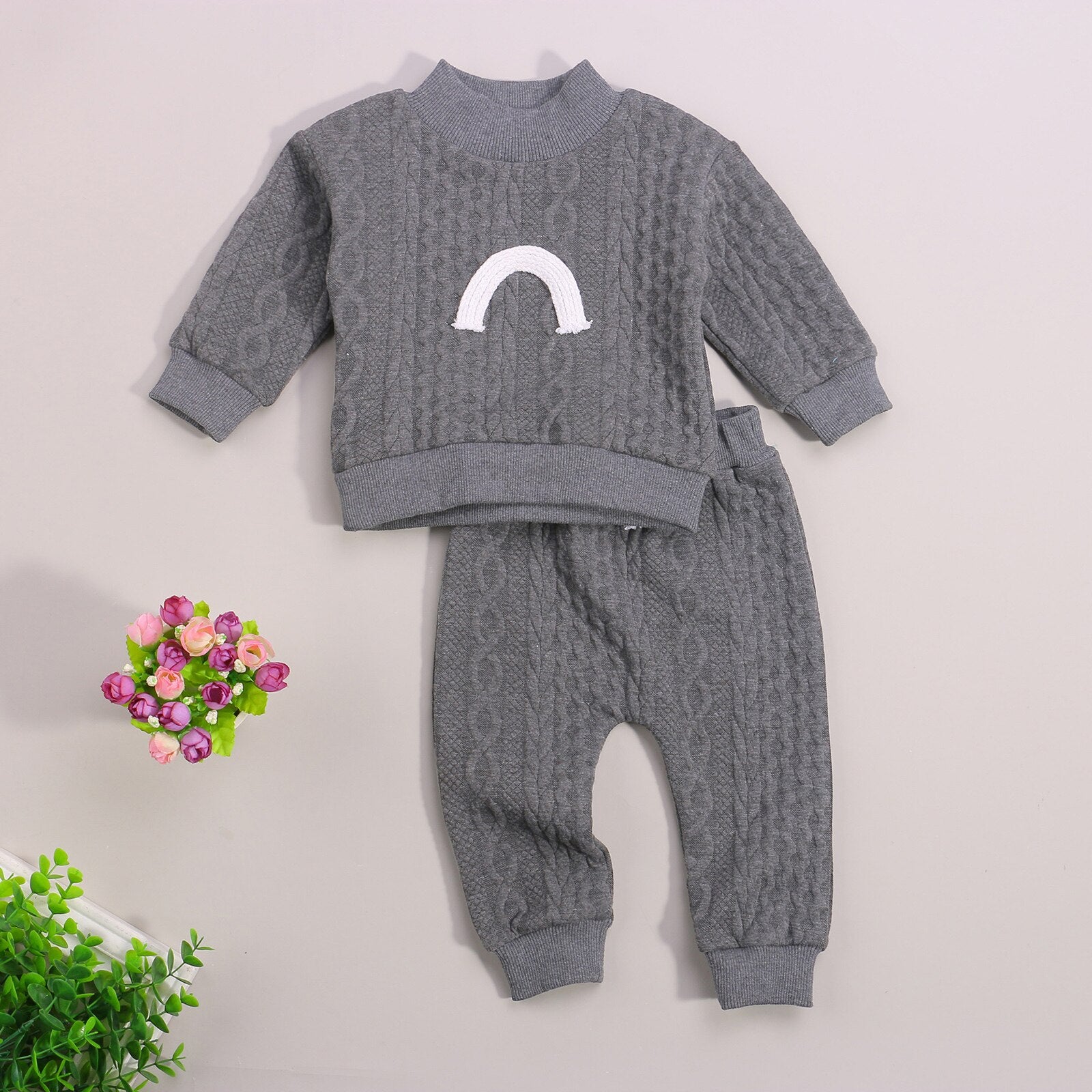 Infant Baby Girls Boys 2Pcs Fall Outfits, Long Sleeve Mock Neck Rainbow Knit Tops + Elastic Waist Pants Set 0-3Y