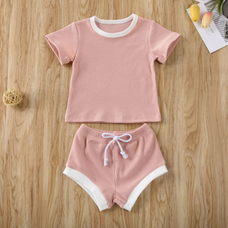 Baby Summer Clothing Infant Baby Girl Boy Clothes Short Sleeve Tops T-shirt+Shorts Pants Ribbed Solid Outfits 0-3M