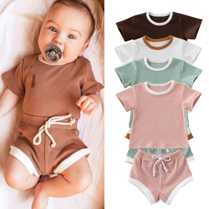 Baby Summer Clothing Infant Baby Girl Boy Clothes Short Sleeve Tops T-shirt+Shorts Pants Ribbed Solid Outfits 0-3M