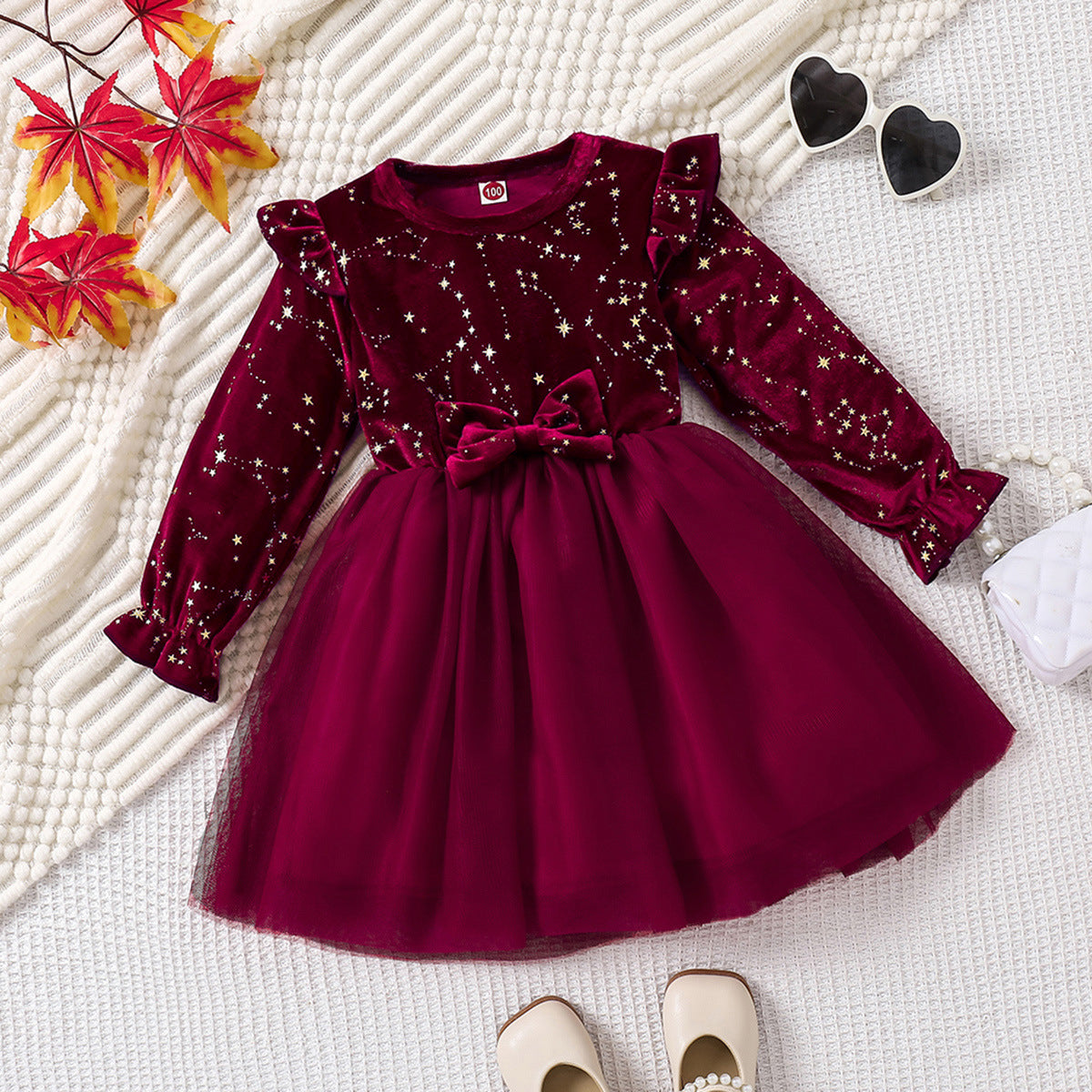 Girls' Dress Spring Autumn Fashionable Children's Princess Dress with Star Print Velvet Dress
