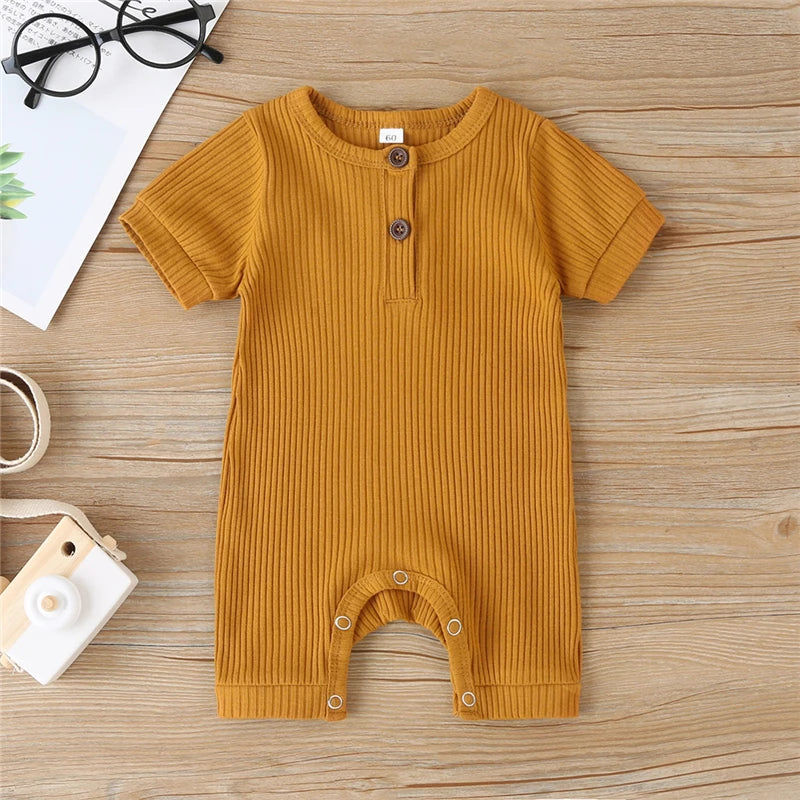 0-18M Baby Summer Clothing Baby Boy Girl Infant  Jumpsuit Cotton Outfits Set Ribbed Solid Clothes 5 Color