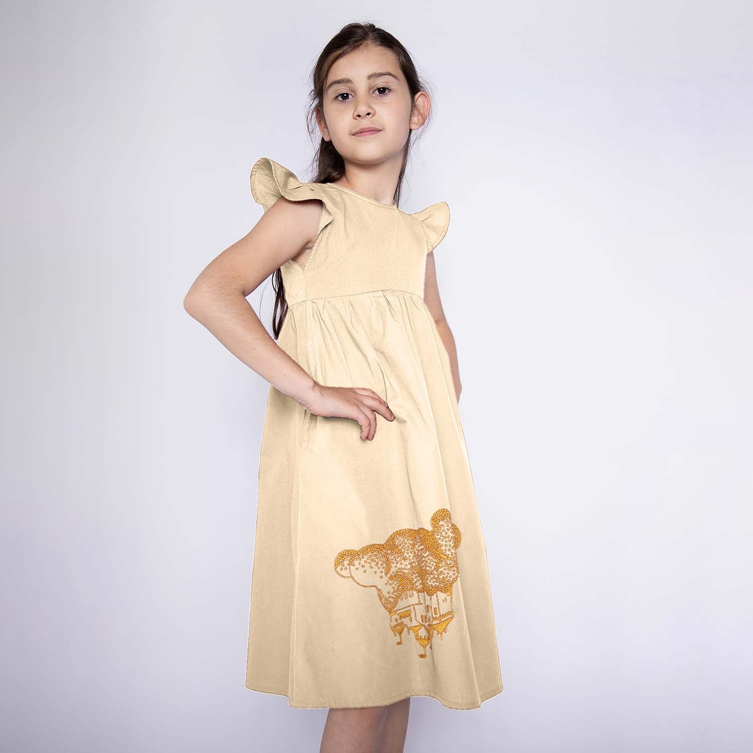 Girls Summer Dress with Golden Castle Hand Embroidery